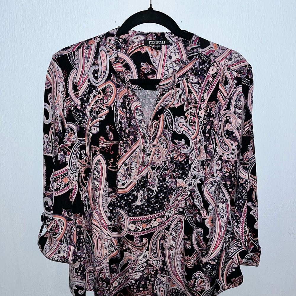 Roz & Ali Graphic Blouse Pink and Purple 3/4 Sleeve